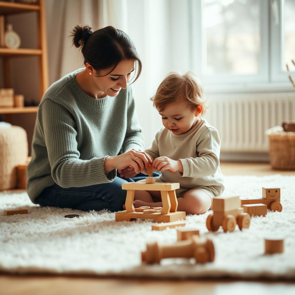 Родител и дете строят дървена играчка заедно